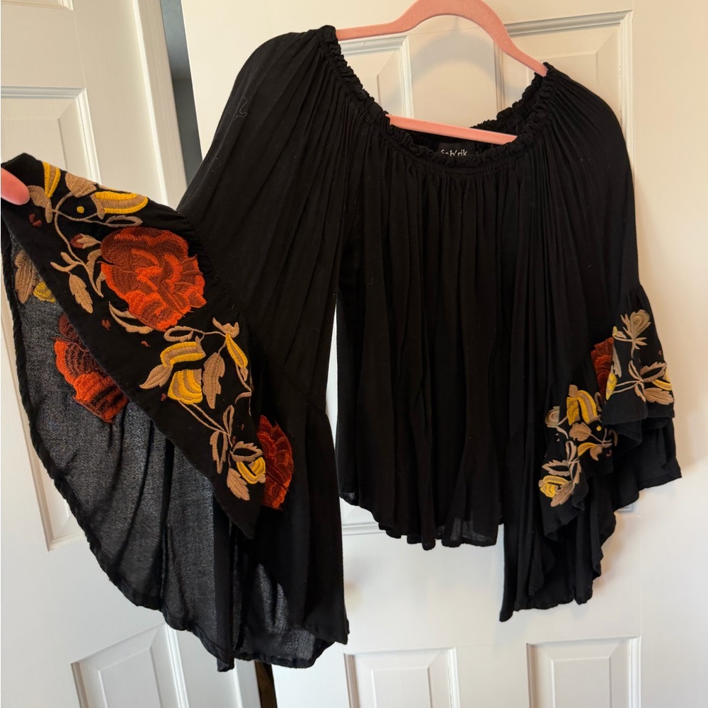 Embroidered Bell Sleeve Top - Black with orange and yellow embroidered sleeves